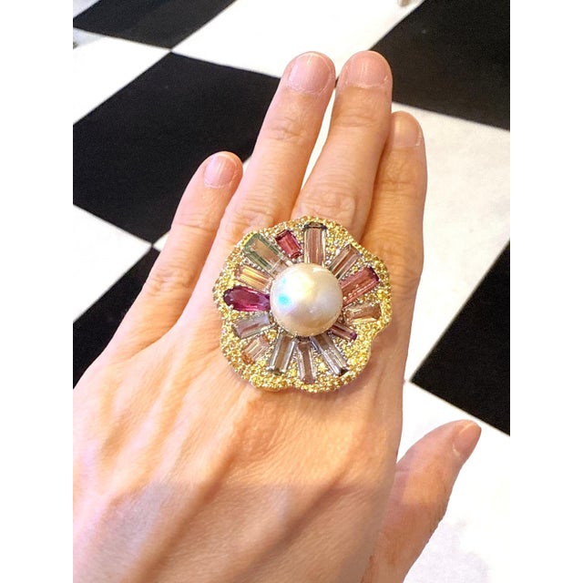 Canary Yellow Bochic “Orient” Vintage Fancy Sapphires & Tourmaline Ring Set 18K Gold & Silver For Sale - Image 8 of 10