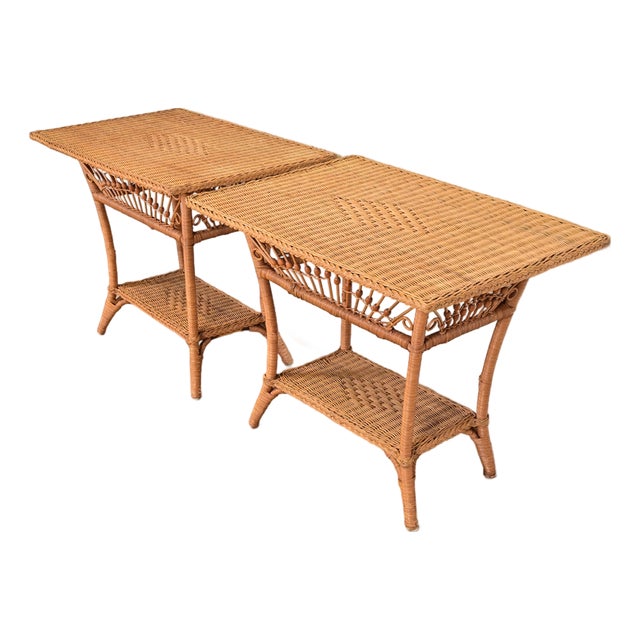 Ralph Lauren Safari Collection Organic Modern Woven Wicker Rattan Nightstands, Pair For Sale