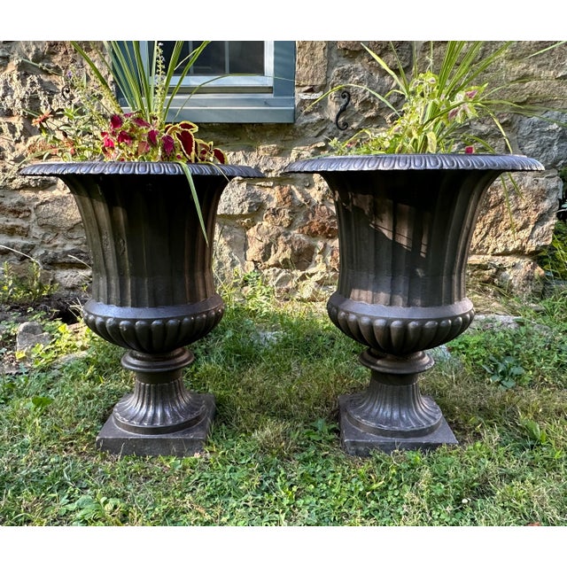 1990s Estate-Sized Cast Metal Garden Urns, A Pair For Sale In Philadelphia - Image 6 of 12