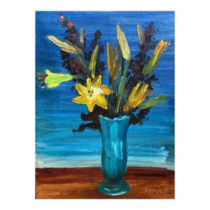 1960s George Daniell Blue and Yellow Floral Still Life Oil Painting