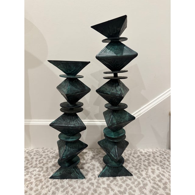 Monumental Signed Modernist/Brutalist Sculptural Candlesticks in Verdigris Patinated Bronze, 1970s, a Pair For Sale - Image 12 of 12