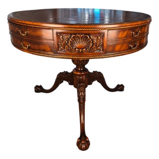 Mid-Century Weiman Heirloom Model 5040 Mahogany Gilt-Tooled Leather Drum Table For Sale