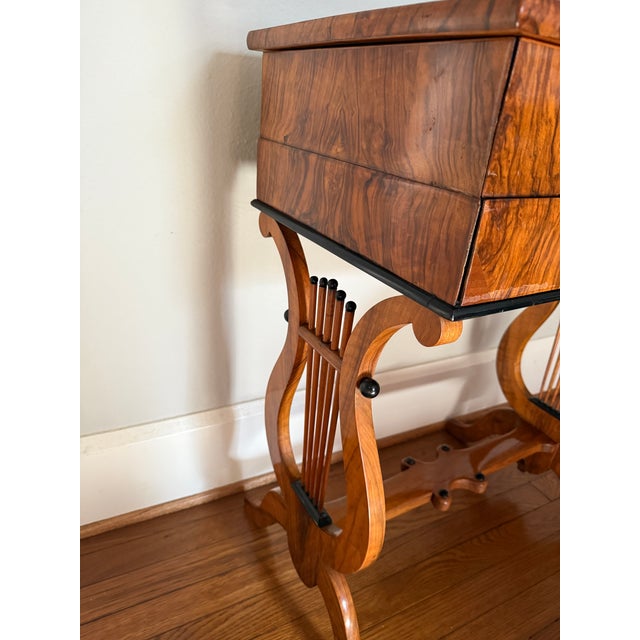 Antique Biedermeier Walnut Side/Sewing Table 1815-1845 With Lyre Shaped Legs For Sale - Image 11 of 11