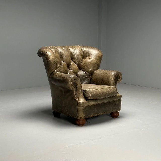 Georgian, Oversized Lounge Chair or Armchair, Chesterfield, Tufted Green Leather Large wingback tufted lounge or arm...