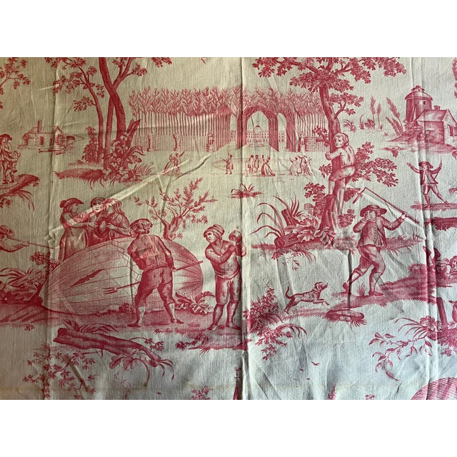 Antique French Red and White Toile De Jouy Fabric Panel With Country Landscape Scenes For Sale In New York - Image 6 of 9