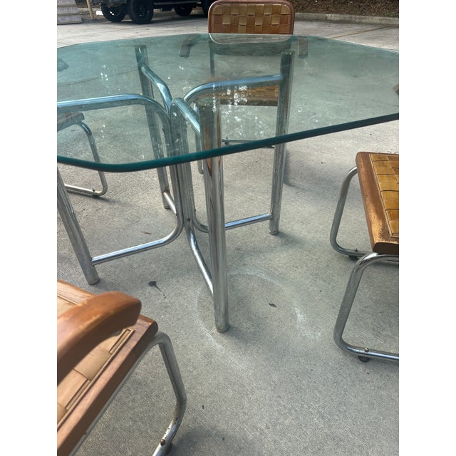 Vintage Chrome and Woven Leather Dining Set With Geometric Glass Top For Sale In Atlanta - Image 6 of 9