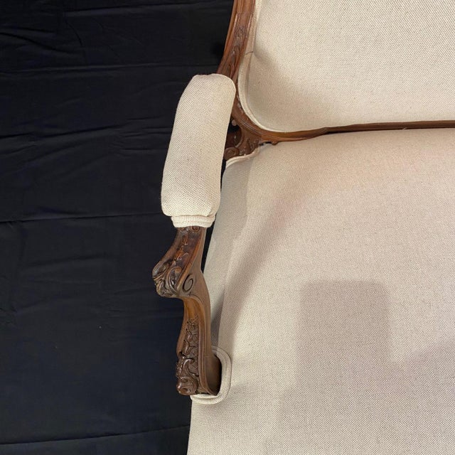 Linen Antique French Walnut Sofa With Museum Quality Carving and New Upholstery For Sale - Image 8 of 13