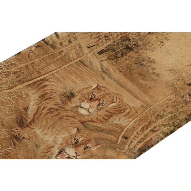 Rug & Kilim Handwoven Antique Japanese Tapestry in Beige-Brown Tiger Pictorials For Sale - Image 4 of 7