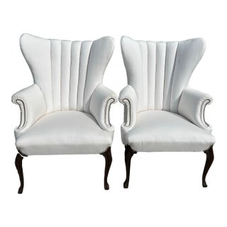 1970s Pair of White Butterfly Wing Back Tufted Chairs-Tall Flared Back Tub Chairs-Queen Anne Legs For Sale
