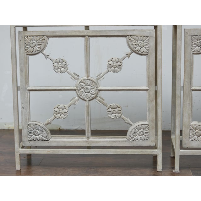 19th Century 19th Century Pair of French Painted Iron Consoles With Carved Wood Panels and Marble Tops For Sale - Image 5 of 11