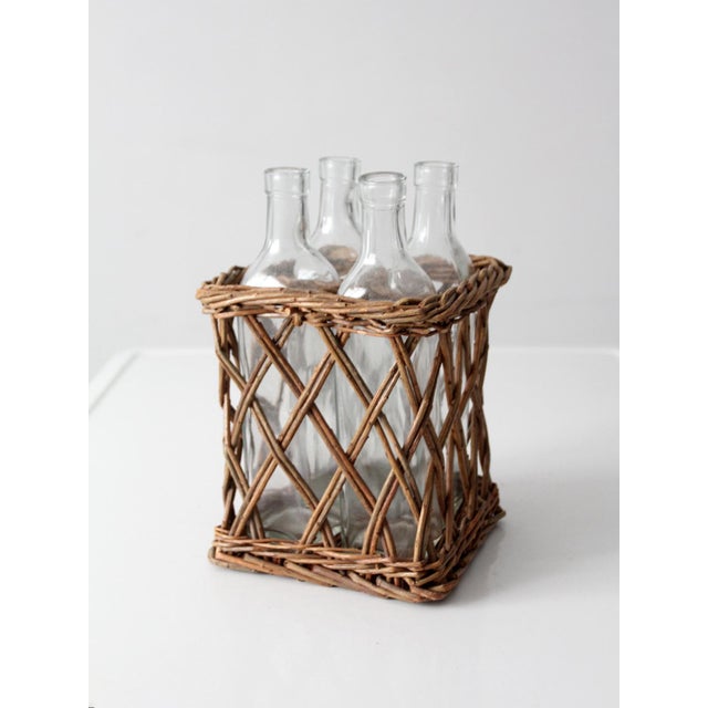 Farmhouse Vintage Wicker Bottle Basket With Glass Bottles For Sale - Image 3 of 15