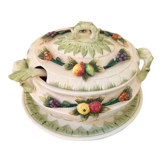 Vintage Japanese Majolica Style Fruit Garland Soup Tureen With Underplate & Ladle For Sale