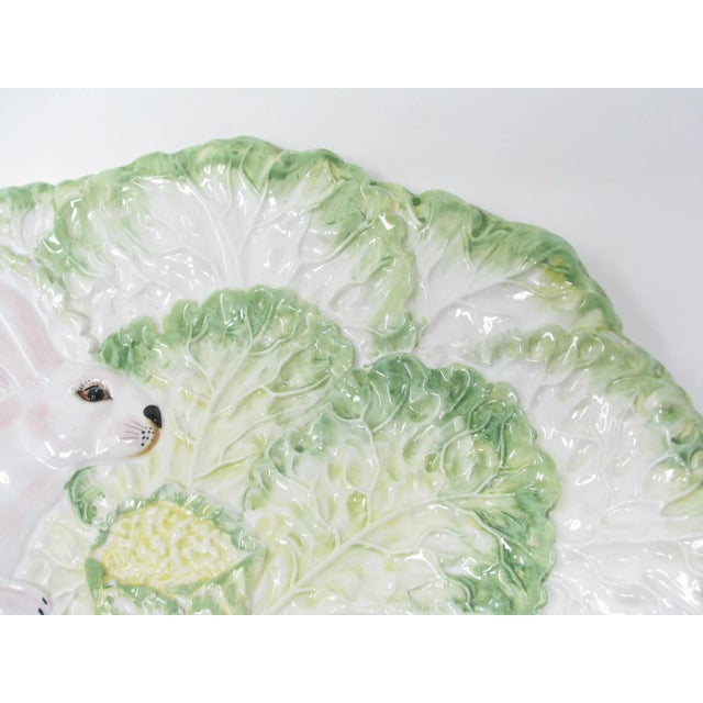 Vintage Large Italian Ceramic Platter With Hand-Painted Rabbits and Lettuce Cabbage Leaves For Sale - Image 9 of 12