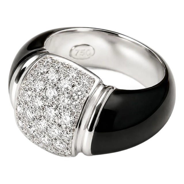 Late 20th Century 18K White Gold Black Enamel Diamond Designer Ring Band, Size 7.5 For Sale