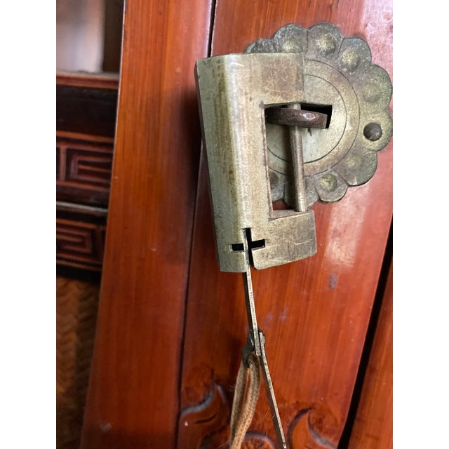 Antique Qing Chinese Wedding Chest / Dowry Box With Original Brass Sliding Lock and Key, Calligraphy For Sale - Image 9 of 10