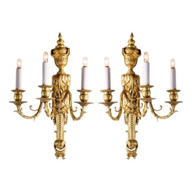 Antique Gilded Bronze Wall Lights, Set of 2 For Sale