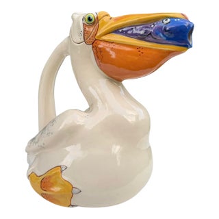 Vintage Signed Animals & Co. Ceramic Pelican Pitcher With Fish & Removable Lid For Sale