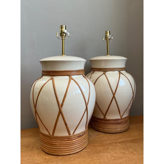 Vintage Ceramic and Rattan Table Lamps - Pair For Sale In West Palm - Image 6 of 14