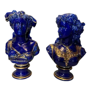 Early 20th Century Pair of Cobalt Blue High Glaze Porcelain Bust Statues