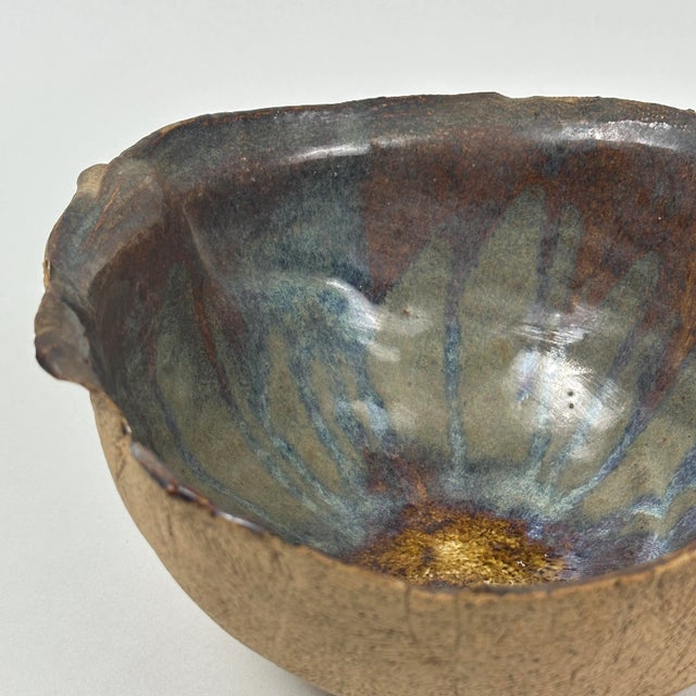 1960s Vintage Brutalist Organic Rim Drip Glazed Interior Stoneware Bowl For Sale - Image 5 of 9