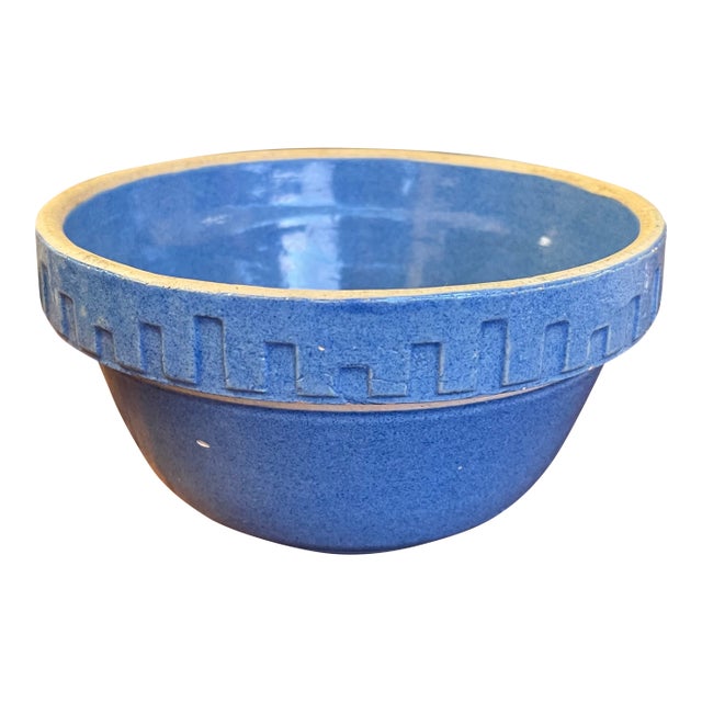 Vintage Blue Stoneware Mixing Bowl With Geometric Band - Marked "Ni-L" For Sale