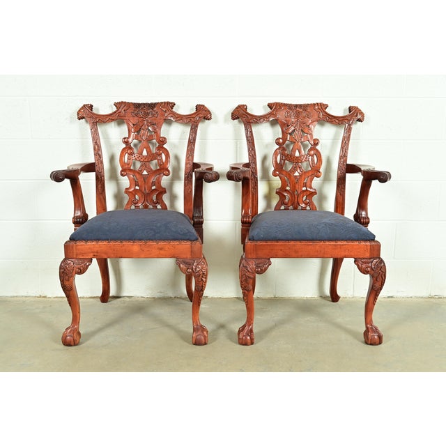 English Baker Furniture Style Chippendale Carved Mahogany Armchairs, Pair For Sale - Image 3 of 14
