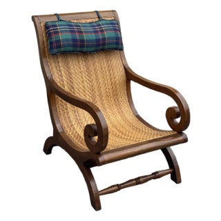 Late 20th Century Colonial Revival Walnut Scroll Arm Caned Lounge Chair For Sale