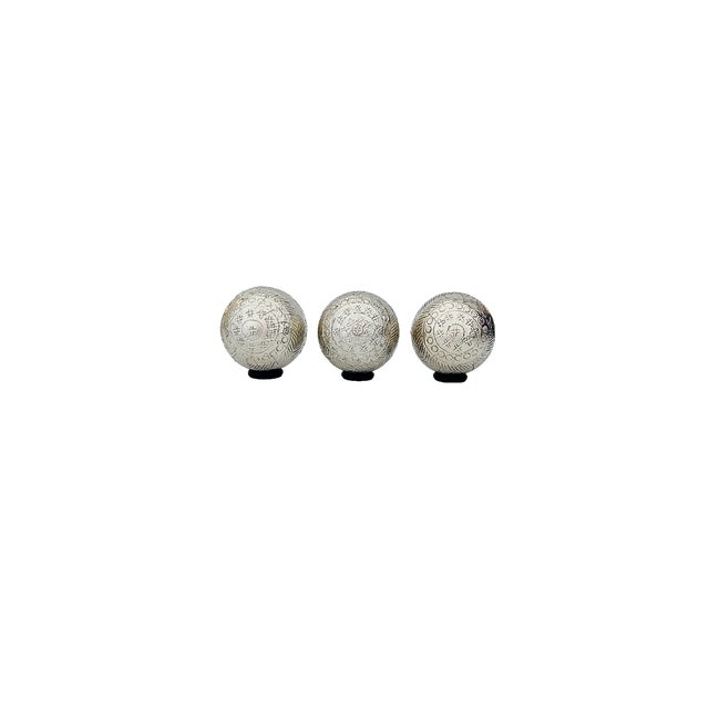 French Late 19th-Century French Artisan Hand-Engraved Maillechort Pétanque Boules, Set of 3, Euc For Sale - Image 3 of 8