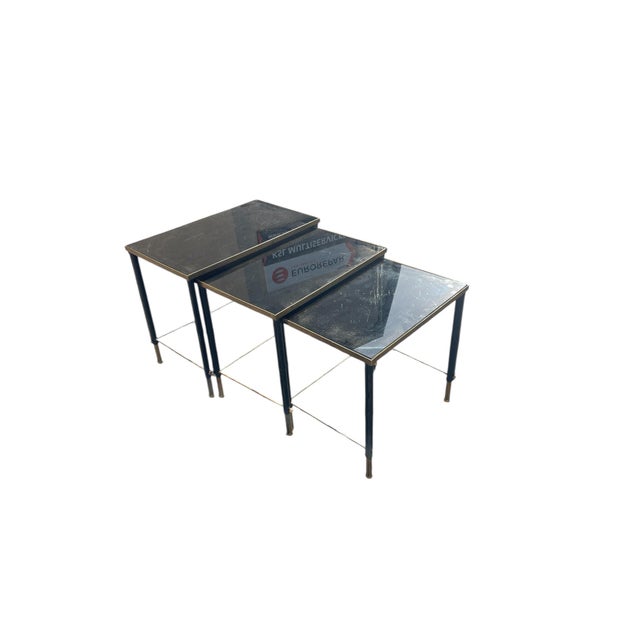 Stitched Leather and Brass Nesting Tables by Jacques Adnet, 1950s, Set of 3 For Sale - Image 9 of 9