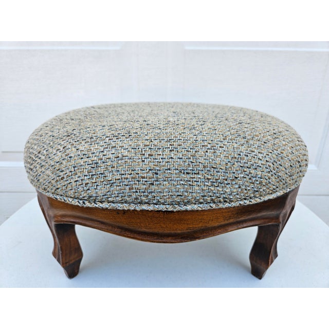 Victorian Blue and Brown Tweed Upholstered Oval Footstool For Sale - Image 3 of 12