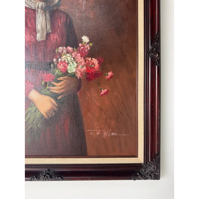 Wood Vintage Painting of Woman With Flowers – Oil on Canvas, Signed For Sale - Image 7 of 12