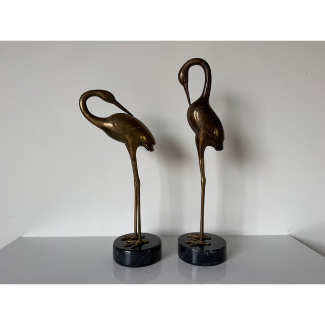Pair of Life-Size Vintage Brass Crane Sculptures on Black Marble Bases For Sale - Image 12 of 12
