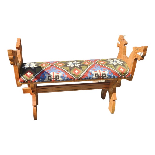 Folk Style Wooden Bench with Carved Dogs, 1960s For Sale