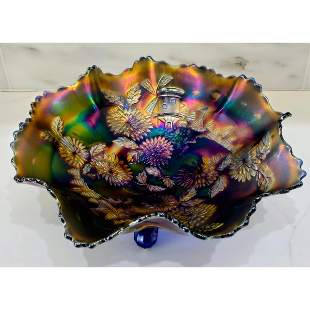 Art Nouveau Classic Period Imperial Amethyst Carnival Glass Windmill Footed Bowl For Sale - Image 3 of 9