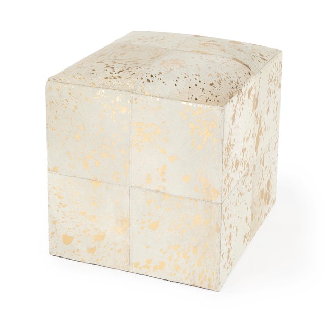 Victorian Hair on Hide with Spots Cube Ottoman, White & Gold For Sale - Image 10 of 10