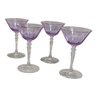 1930s Fostoria Wisteria Liquor Cocktail Glasses - Set of 4 Martini Style Neodymium Glasses For Sale