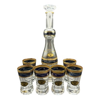 Vintage Vodka Set with Carafe and Six Decorated Glasses, Set of 8 For Sale