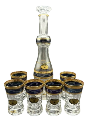 Vintage Vodka Set with Carafe and Six Decorated Glasses, Set of 8