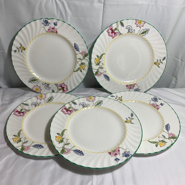 These are vintage Minton Haddon Grove fine bone china plates made in England, featuring a scalloped ribbed rim with green...