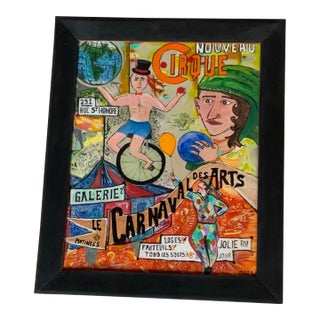 1980s Outsider Art Oil Painting by Drew - Whimsical French Carnival Scene For Sale