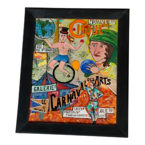 1980s Outsider Art Oil Painting by Drew - Whimsical French Carnival Scene