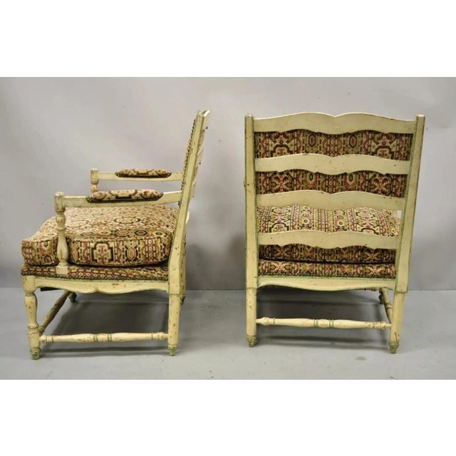 Mid 20th Century Vintage French Country Cream Distress Painted Lounge Arm Chairs & Ottoman - 3 Pieces For Sale - Image 10 of 12
