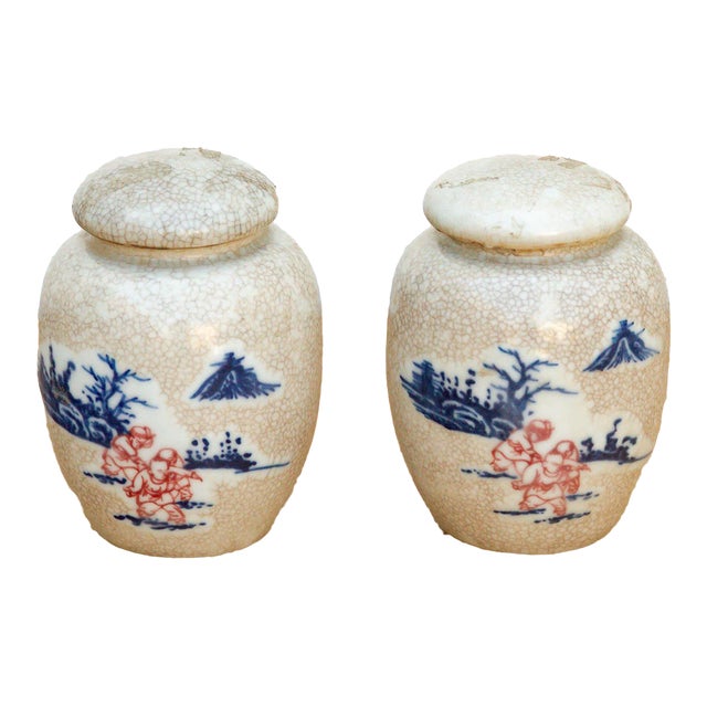 Pair of Petite Crackle Glaze Jars With Lids For Sale