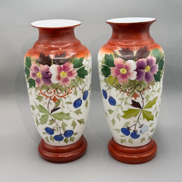 Large Antique Hand-Painted Bohemian Opaline Glass Vases, 1800s, Set of 2 For Sale - Image 4 of 18