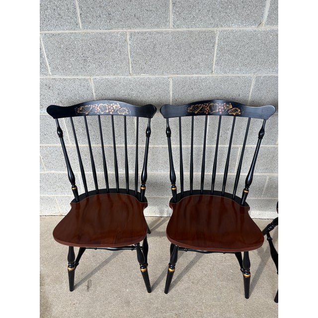 Description: L. Hitchcock Black Harvest Fan Back Windsor Side Chairs - Set of 4. Very Good to Excellent Vintage Furniture...
