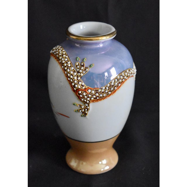 White Vintage Japanese Porcelain Vase Dragon Ware Moriage Lusterware Hand Painted 6.5" For Sale - Image 8 of 14