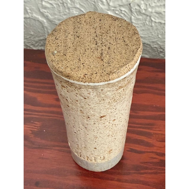 Ceramic Late 20th Century Studio Pottery Speckled Stoneware Cylinder Bud Vase With Blue Gray Rim For Sale - Image 7 of 8