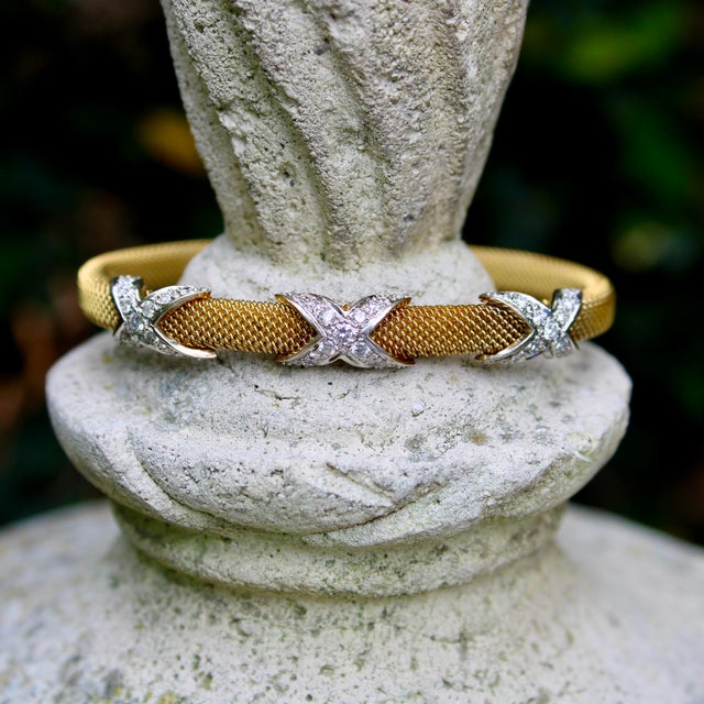 Vintage 14k Gold Woven Cuff Bracelet With Diamond X Details For Sale - Image 9 of 11