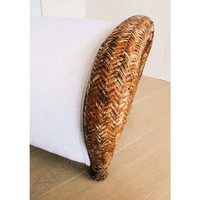 White Vintage Rustic Rattan Ottoman/Custom Upolstery For Sale - Image 8 of 8