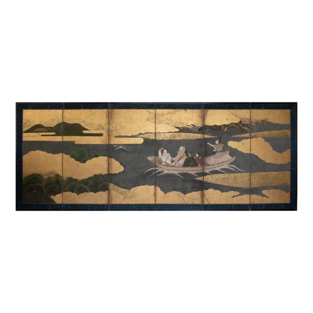 Late Edo to Early Meiji Japanese 6-Panel Gold Leaf Byobu Screen With a Boat For Sale